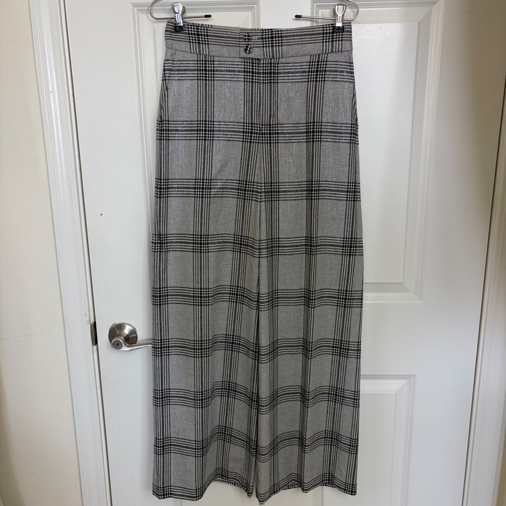 Banana Republic International Exclusive Plaid Metallic Wide Leg Pants Gray 2